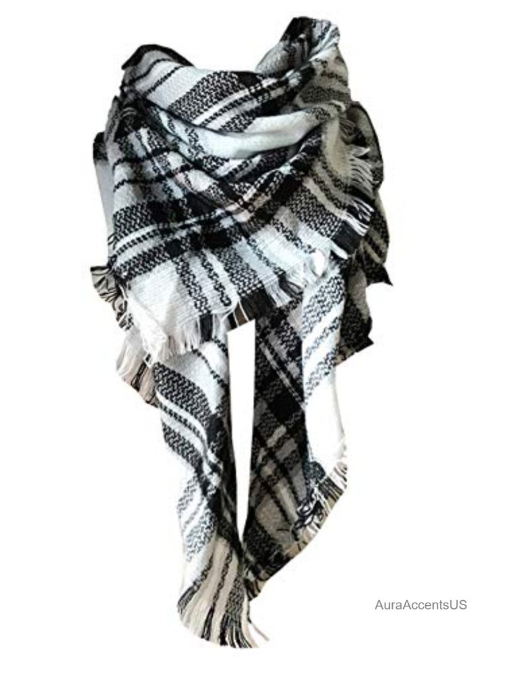Wool Blend Plaid Shawl Wrap Winter Scarf Large Triangle Knit
